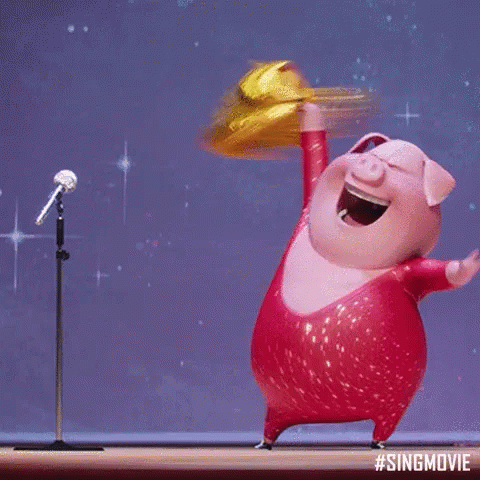 A Cartoon Pig Is Dancing In Front Of A Microphone With The Hashtag #Singmovie On The Bottom GIF