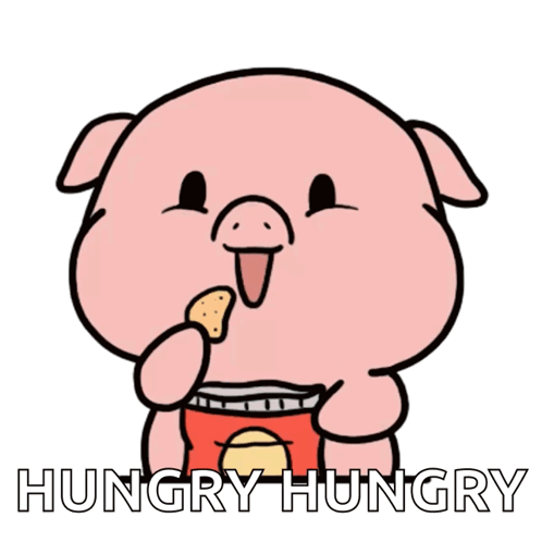 A Cartoon Pig Is Holding A Bag Of Chips And The Words Hungry Hungry Below It GIF