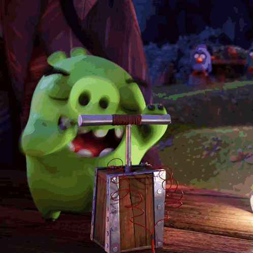 Cartoon Pig Holding Wooden Box With Wires GIF