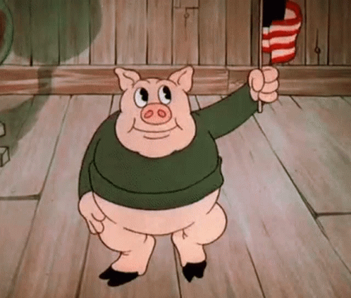 A Cartoon Pig Is Holding An American Flag In His Hand While Standing On A Wooden Floor . GIF