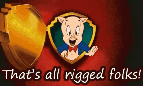 A Cartoon Pig Is In A Shield With The Words That 'S All Rigged Folks . GIF
