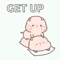 A Cartoon Pig Is Laying On A Pillow With The Words `` Get Up '' Written On It . GIF
