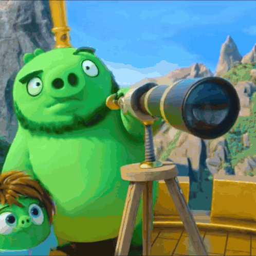 A Cartoon Pig Is Looking Through A Telescope While Another Pig Looks On GIF
