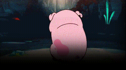 A Cartoon Pig Is Standing In Front Of A Waterfall And Looking At The Camera . GIF