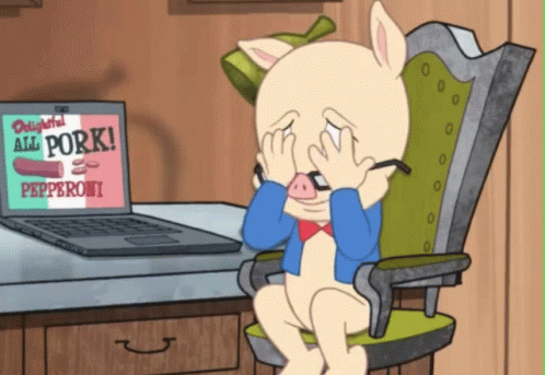 A Cartoon Pig Sits In Front Of A Laptop That Says Delightful All Pork GIF