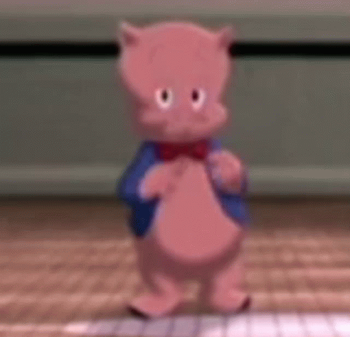 A Cartoon Pig Wearing A Bow Tie And A Blue Jacket Is Standing On A Wooden Floor . GIF