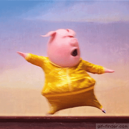 A Cartoon Pig Wearing A Yellow Jacket Is Jumping In The Air . GIF