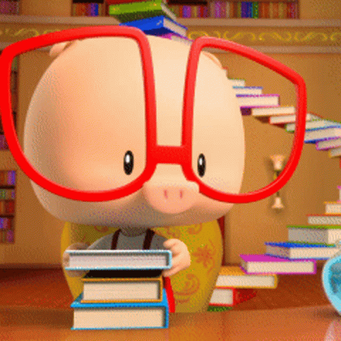 A Cartoon Pig Wearing Glasses Is Holding A Stack Of Books GIF