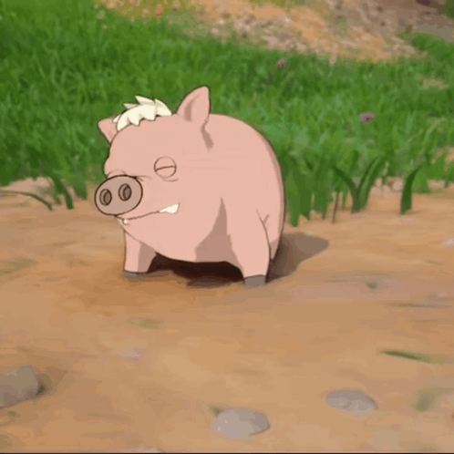 a cartoon pig with a flower on its head is standing in the dirt