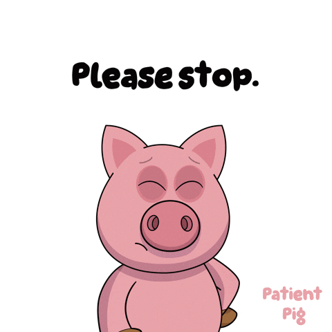 a cartoon pig with a please stop sign behind it