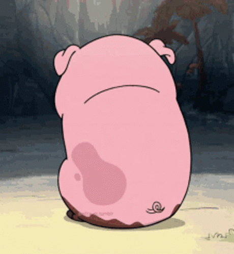 A Cartoon Pig With A Sad Look On Its Face Is Standing On A Beach GIF