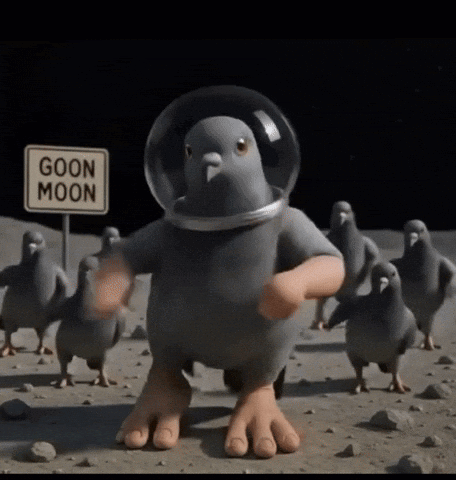A Cartoon Pigeon Wearing A Helmet And A Sign That Says Goon Moon GIF