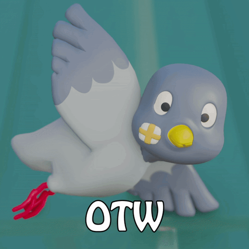 A Cartoon Pigeon With A Yellow Beak Is Flying With The Word Otw Written Below It GIF