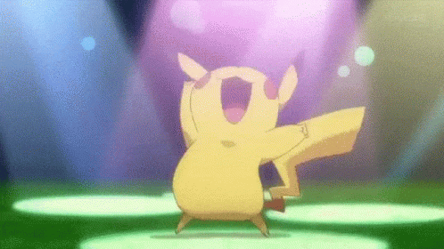 A Cartoon Pikachu Is Dancing On A Stage In Front Of A Purple Light . GIF