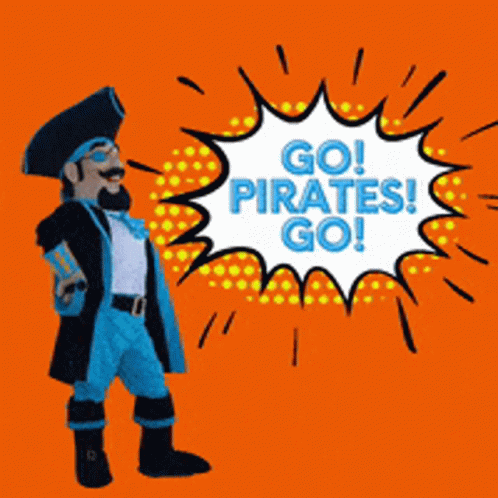 A Cartoon Pirate With A Speech Bubble That Says " Go Pirates Go " GIF