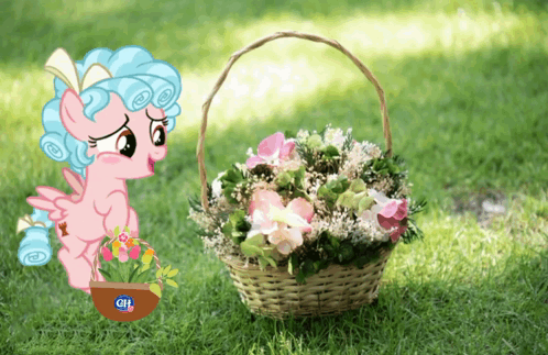 A Cartoon Pony Is Holding A Basket Of Flowers With The Word Citi On It GIF