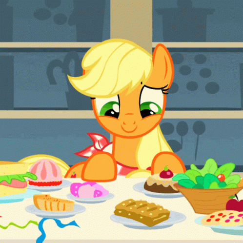 A Cartoon Pony Sits At A Table Surrounded By Plates Of Food GIF
