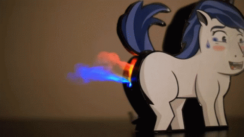A Cartoon Pony With A Blue Tail And Red And Blue Smoke Coming Out Of Its Butt GIF