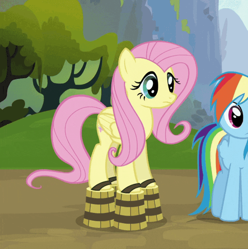 A Cartoon Pony With A Pink Mane Is Standing Next To A Rainbow Pony GIF