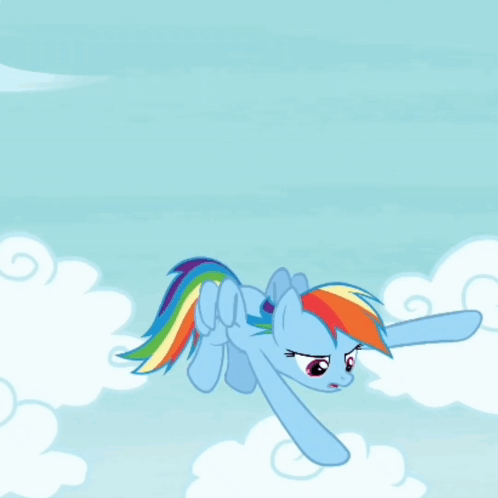 A Cartoon Pony With A Rainbow Mane And Tail Is Flying Through The Air GIF