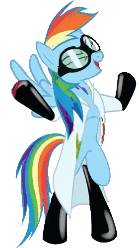 a cartoon pony with a rainbow mane and tail is wearing a lab coat and glasses