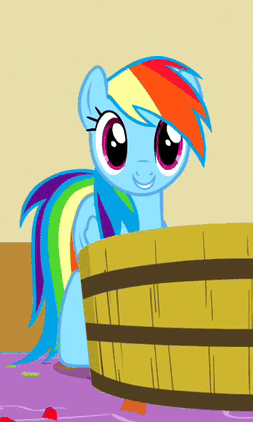A Cartoon Pony With A Rainbow Mane Is Sitting In A Wooden Bucket GIF
