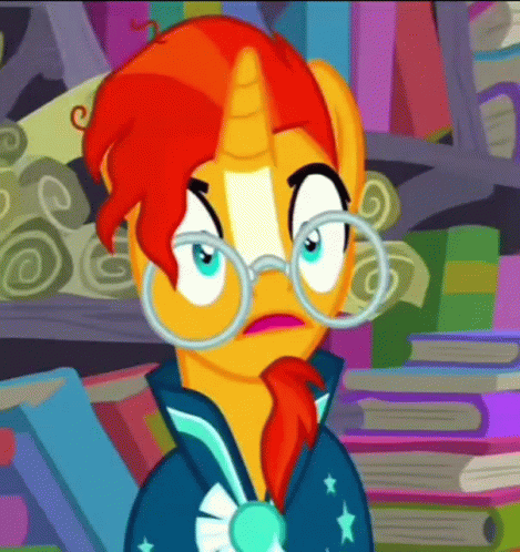 A Cartoon Pony With Glasses And A Bow Tie Is Standing In Front Of A Pile Of Books . GIF