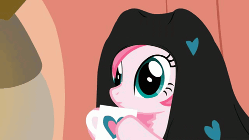A Cartoon Pony With Hearts On Its Hair Drinking From A Cup GIF