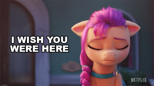 A Cartoon Pony With Purple Hair Is Saying I Wish You Were Here GIF