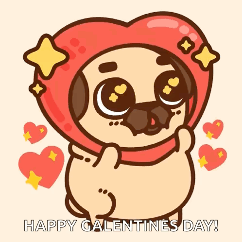A Cartoon Pug Wearing A Heart Shaped Hat And Hearts Around It GIF