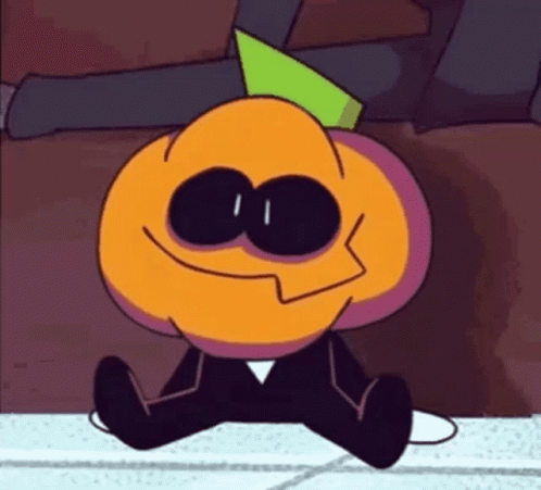 A Cartoon Pumpkin With A Green Hat Is Sitting On The Floor And Smiling . GIF