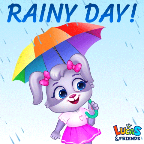 A Cartoon Rabbit Holding A Rainbow Colored Umbrella With The Words Rainy Day Lucas & Friends Below It GIF