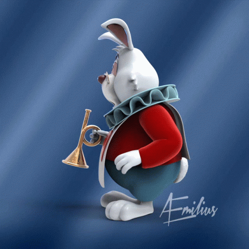 a cartoon rabbit holding a trumpet with the name emilius on the bottom