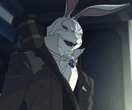 a cartoon rabbit in a suit and tie holds a gun