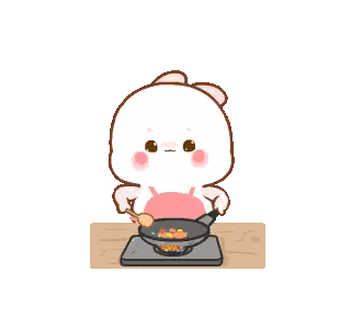 a cartoon rabbit is cooking food on a stove with a spoon .