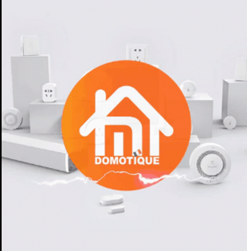 A Cartoon Rabbit Is Holding A Cell Phone In Front Of An Orange Circle That Says Domotique GIF