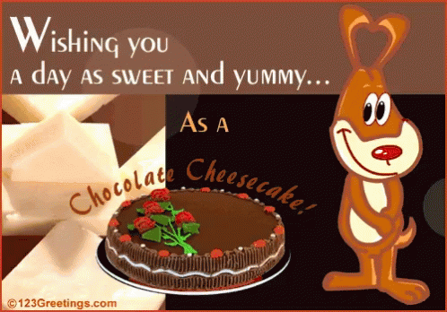 A Cartoon Rabbit Is Holding A Chocolate Cheesecake With The Words Wishing You A Day As Sweet And Yummy GIF