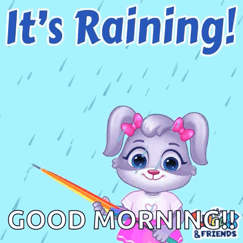 A Cartoon Rabbit Is Holding A Rainbow Colored Umbrella In The Rain And Says It 'S Raining ! GIF