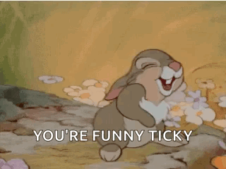A Cartoon Rabbit Is Laughing With Its Mouth Open And The Words `` You 'Re Funny Tickly '' . GIF