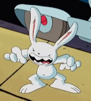 A Cartoon Rabbit Is Making A Funny Face And Pointing At Something . GIF
