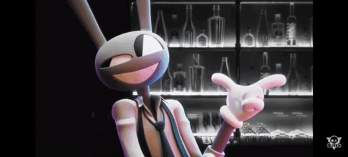 a cartoon rabbit is pointing at something in front of a bar .