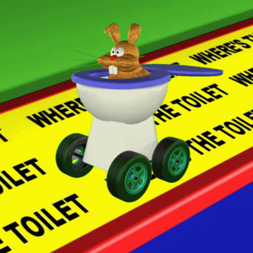 A Cartoon Rabbit Is Sitting In A Toilet With Wheels GIF