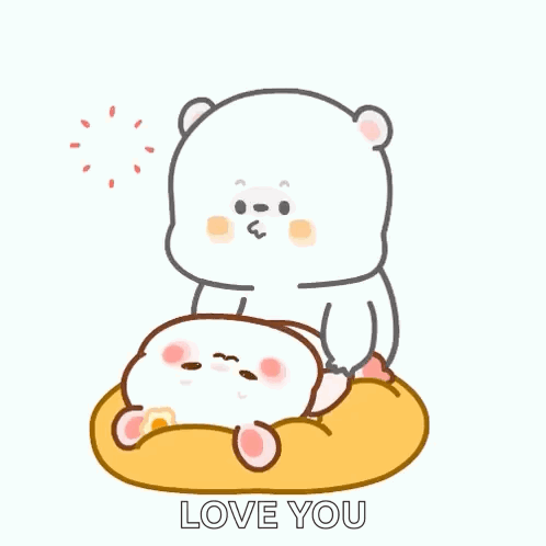 A Cartoon Rabbit Is Sitting On A Pillow With A Heart And The Words `` Love You '' Written Above It . GIF