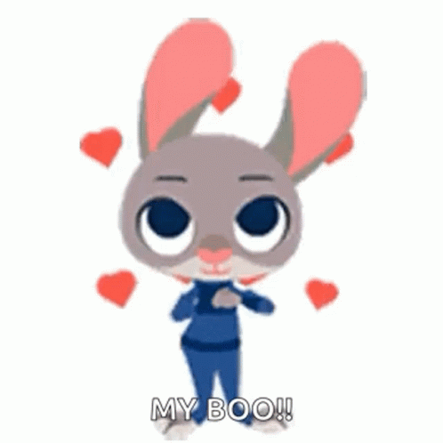 A Cartoon Rabbit Is Surrounded By Hearts And Has The Words `` My Boo '' Written On It . GIF