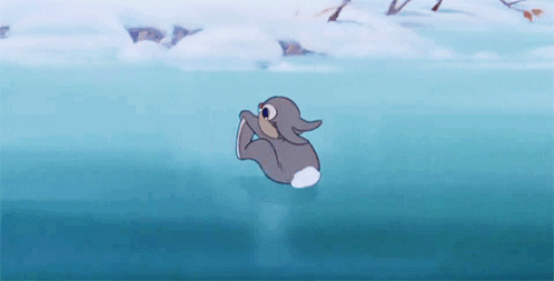 A Cartoon Rabbit Is Swimming In A Lake . GIF