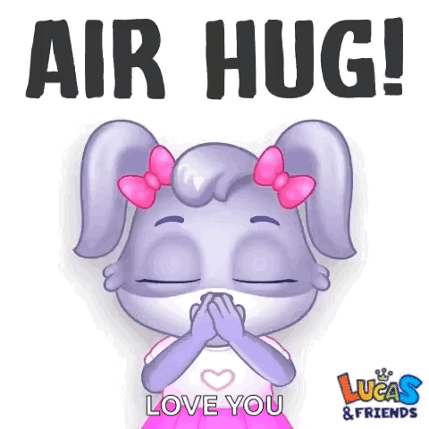 A Cartoon Rabbit Wearing A Mask And A Pink Bow Is Saying `` Air Hug ! Love You '' . GIF