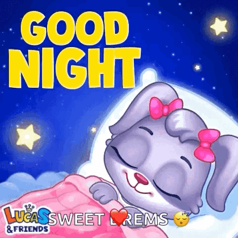 A Cartoon Rabbit With A Pink Bow On Her Head Is Sleeping In A Bed With The Words Good Night Written Above It . GIF