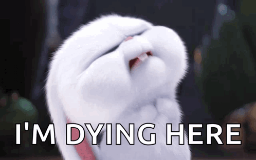 A Cartoon Rabbit With Its Mouth Open And The Words `` I 'M Dying Here '' Below It . GIF
