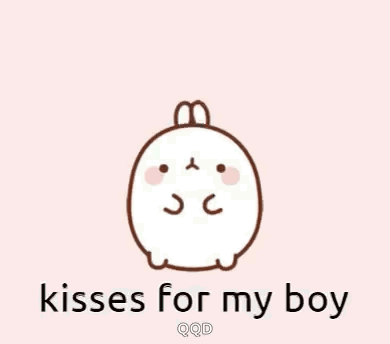 A Cartoon Rabbit With Two Hearts On Its Head And The Words `` Kisses For My Boy '' Written Below It . GIF