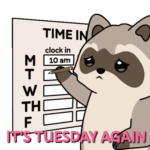 a cartoon raccoon is holding a pencil over a clock that reads time in clock in 10 am